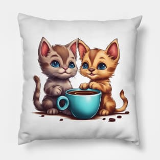 kitty and puppy with coffee Pillow