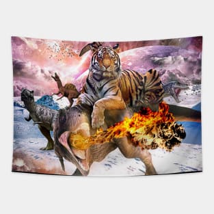 Big Cat Tiger Riding Dinosaur In Space Tapestry