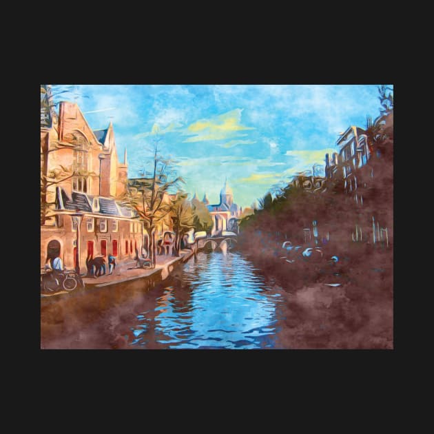 Amsterdam canal boats watercolor art painting by Aziz