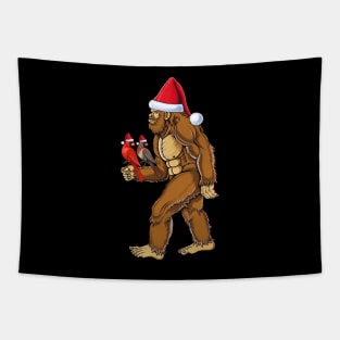 Bigfoot and red cardinal Christmas Tapestry