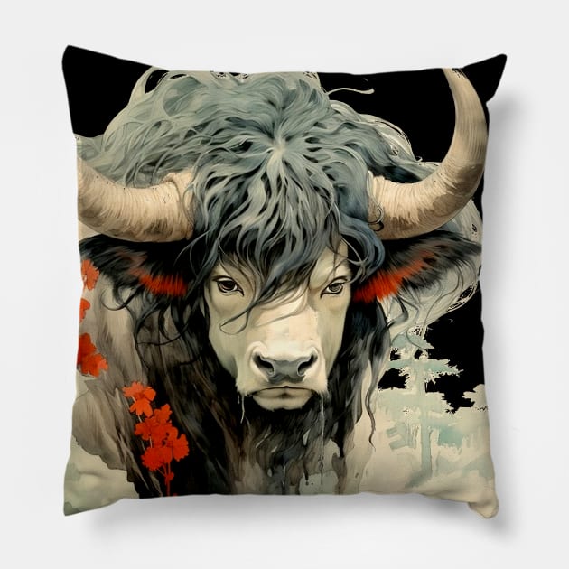 Chinese Mythology: The White Bull of Kunlun (Knock-Out with dark background) Pillow by Puff Sumo