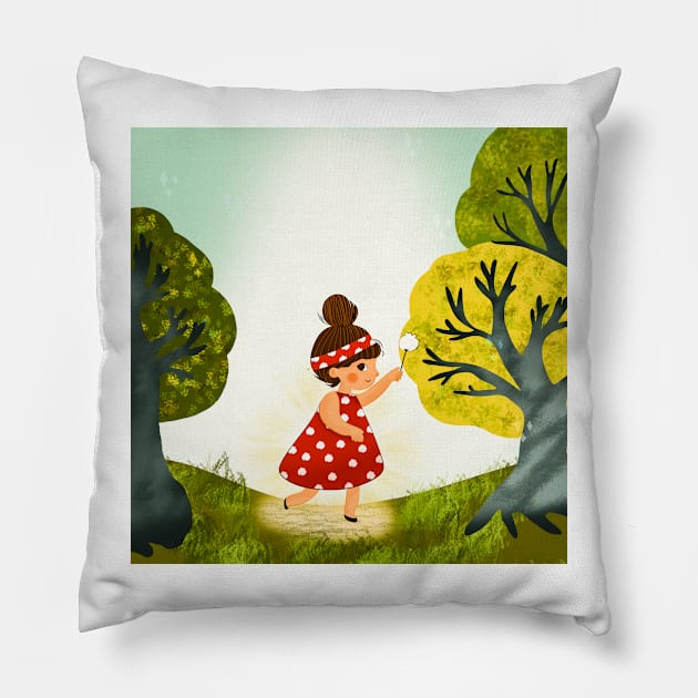 Enchanted Dreams: A Girl's Journey in the Magic Forest Pillow by IstoriaDesign