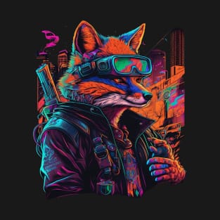 Armed Fox in Night City Cyberpunk Game T-Shirt