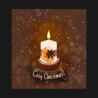 Cozy Christmas greeting Christmas candle among magic lights T-Shirt