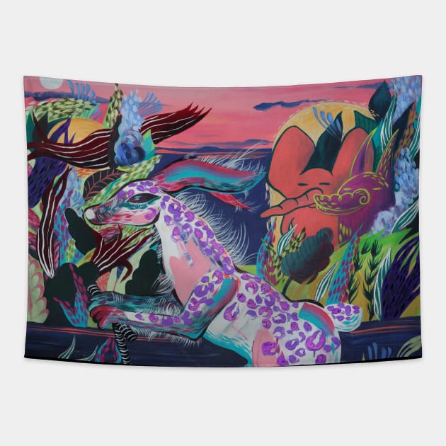 Steep sweg white rabbit. Elephant and wolf. Bright landscape Tapestry by annaonik