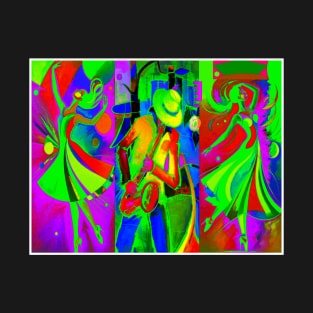 Beautiful Dancers with a Saxophone Player Musical Psychedelic Print T-Shirt