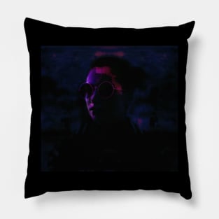 Beautiful girl with round glasses. Dark, like in night dream. Dim, blue and violet. Pillow