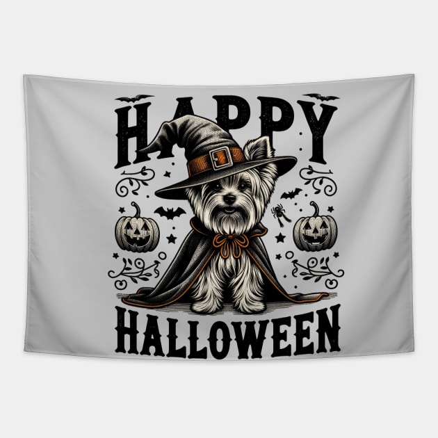 Retro Halloween Yorkie Graphic illustration Tapestry by Tintedturtles