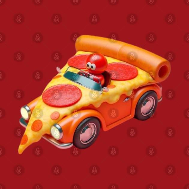 A slice of pizza driving a tiny pizza-shaped car with pepperoni wheels by maricetak