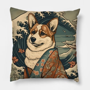 Corgi in Kimono: Traditional Japanese Ukiyoe Painting with Waves Pillow