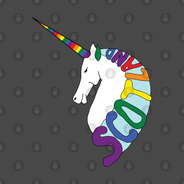 RAINBOW COLOURED SCOTTISH UNICORN WITH SCOTLAND TEXT MANE by MacPean