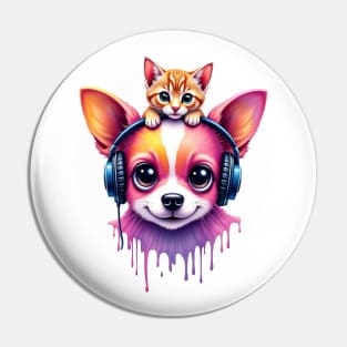 Cute dog with headphones and a cute cat on his head for both cat and dog lovers Pin