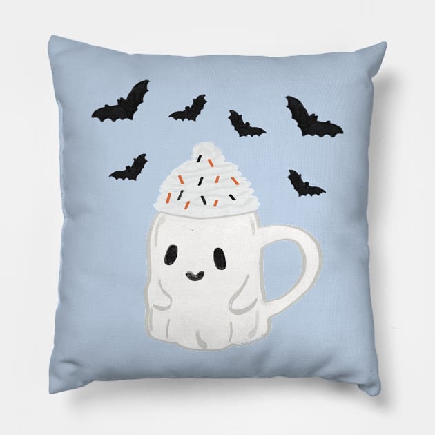 Cute ghost art, spooky cute ghost mug drawing Pillow by FreckledBliss