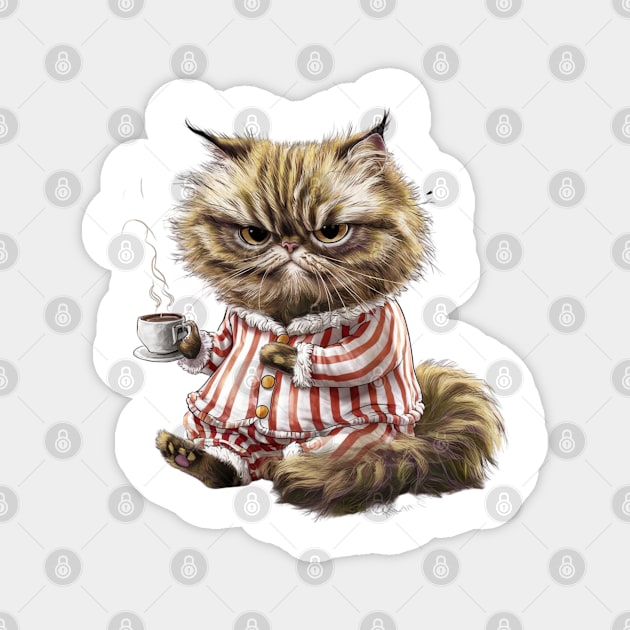 Print design of a cute Persian cat, wearing cozy pajamas and holding a steaming cup of coffee.1 Magnet by YolandaRoberts