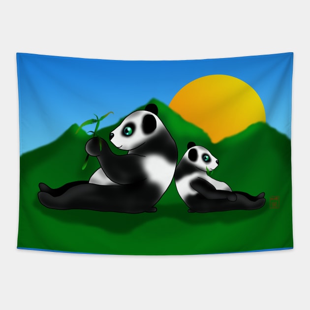 Two pandas eating bamboo at sunset Tapestry by cuisinecat