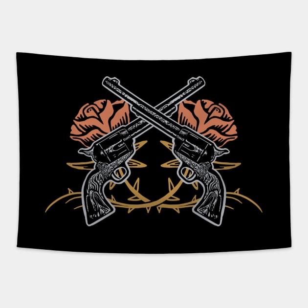 Crossed Guns with Roses Tapestry by Doodl
