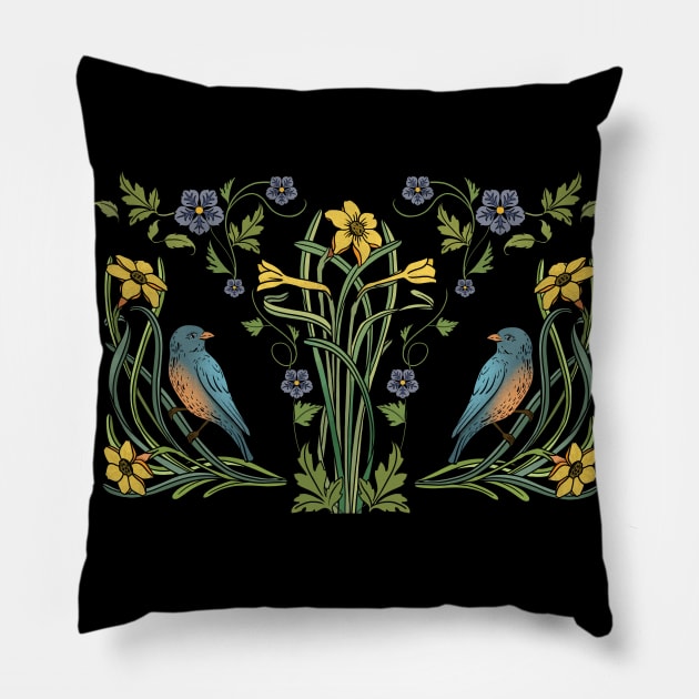 Art Nouveau Bluebirds, Sunflowers And Daffodils Pillow by LittleBunnySunshine