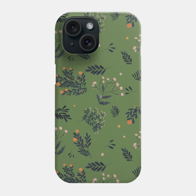 Blue leaves pattern with green background Phone Case by byjilooo