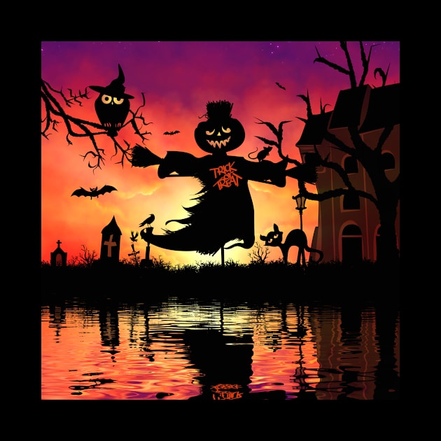 Funny halloween design with scarecrow, cat, and owl by Nicky2342