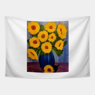 Sunflowers In a metallic blue vases Tapestry