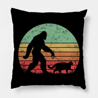 Bigfoot Sasquatch Hiking With Chunky Cat Vintage Sunset Outdoor Pillow