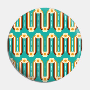 Retro Waves and Flowers, Teal, Orange, Chocolate Pin