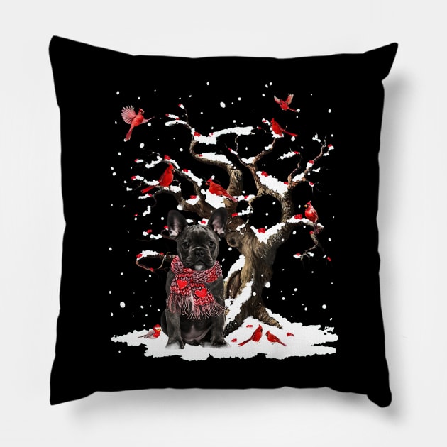 Black French Bulldog Scarf Cardinal Snow Christmas Pillow by cogemma.art