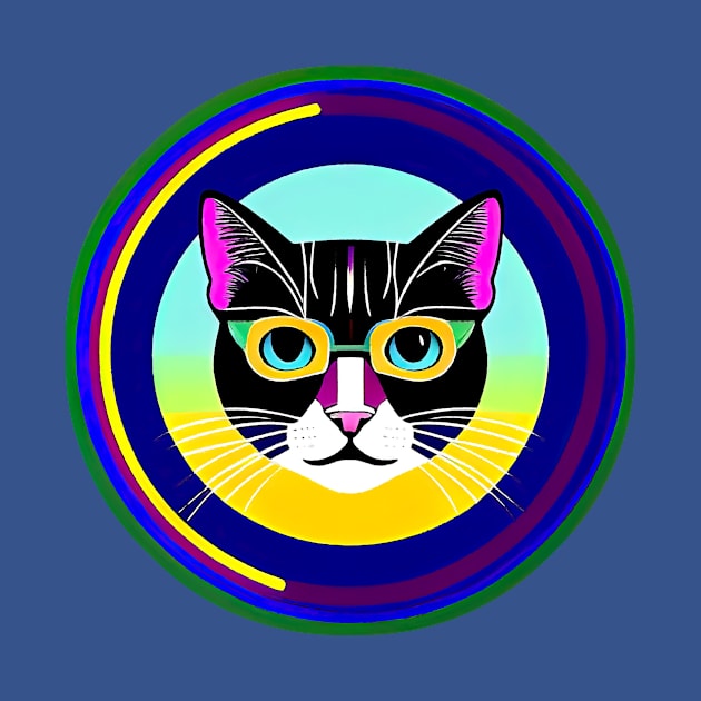 Cool Tuxedo Cat In Yellow Glasses. Colorful Round Geometrical Composition by funfun