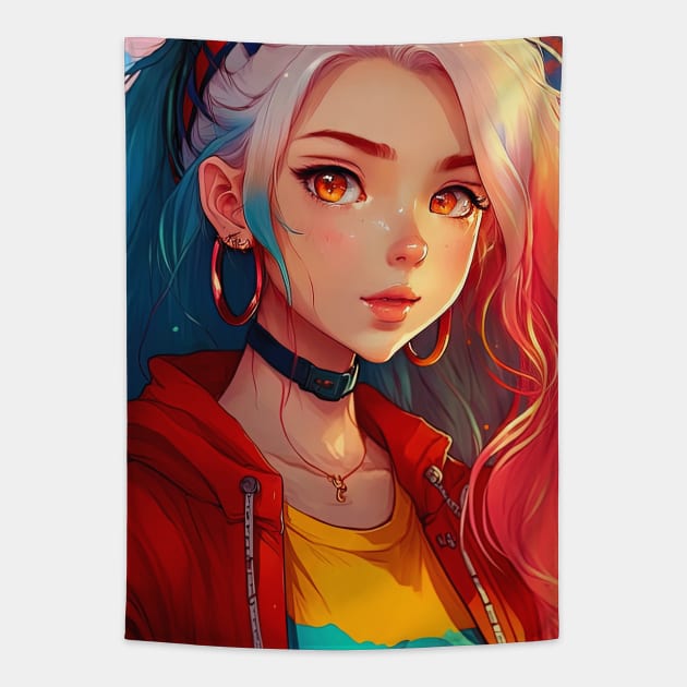 Kawaii Anime Egirl Rainbow colored hair Tapestry by geekmethat