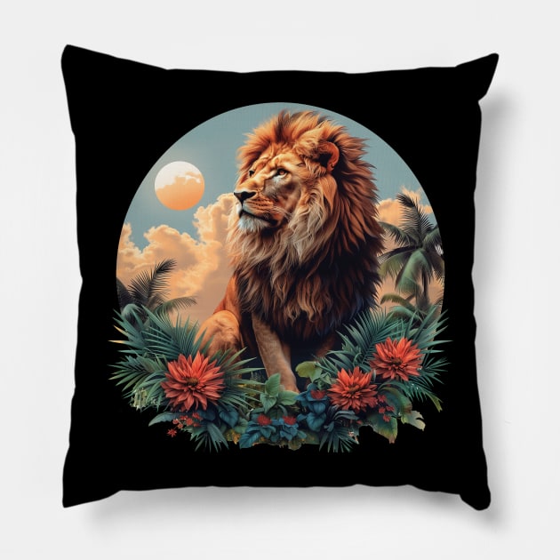 A Proud Lion Relaxes in the Evening Red Flowers In The Jungle The King of the Jungle Lion Pillow by Tees 4 Thee