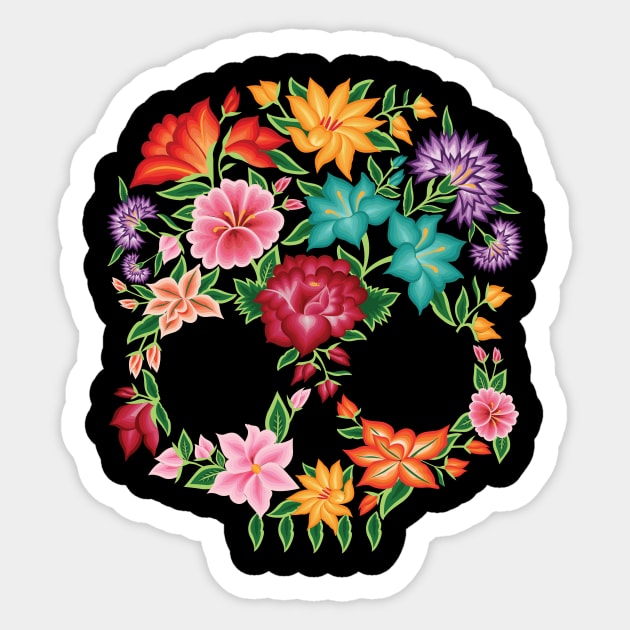 Mexican Embroidery Style Skull Design from Oaxaca, México (Black  Background) - Mexican Skull Floral Design - Sticker