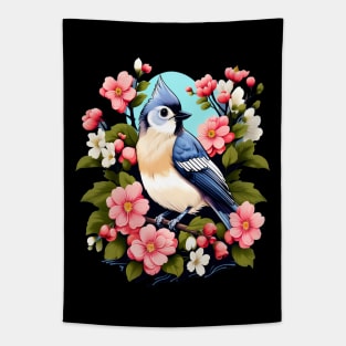 Cute Tufted Titmouse Surrounded by Vibrant Spring Flowers Tapestry
