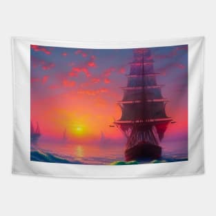 Sailing ship at sunset Tapestry