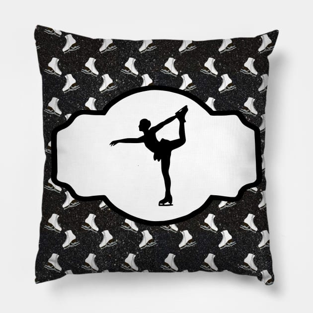 Figure Skater on Digital Black Glitter Background With Figure Skates Pillow by PurposelyDesigned