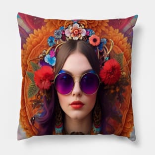 Bohemian psychedelic peace flower power girl art Pillow