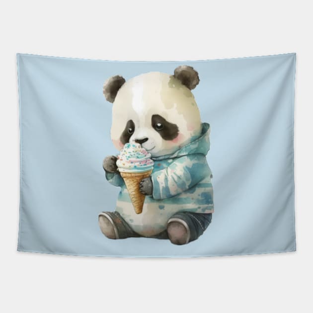 Panda Eating Ice Cream watercolor cute Tapestry by KAWAIIBYHM