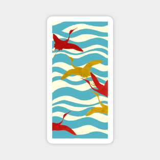 RED YELLOW FLYING CRANES ON WHITE BLUE OCEAN WAVES Magnet