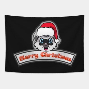 Sticker and Label Of  Raccoon Character Design and Merry Christmas Text. Tapestry