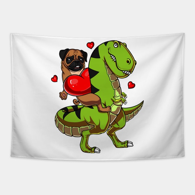 Pug Dog Riding T-Rex Dinosaur Funny Tapestry by underheaven