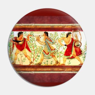ETRUSCAN DANCERS AND MUSICIANS WITH LYRA AND AULOS Antique Tarquinia Fresco Pin