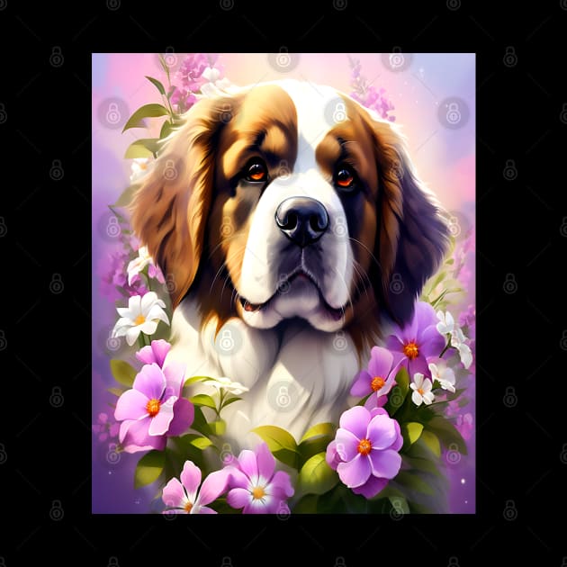 Saint Bernard Dog Surrounded by Beautiful Spring Flowers by BirdsnStuff