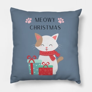 Cute white cat with gifts illustration with quote Meowy Christmas Pillow