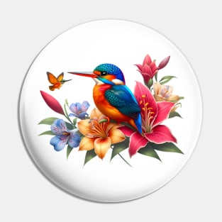 An oriental dwarf kingsfisher decorated with beautiful colorful flowers. Pin