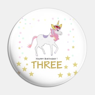 Third birthday. Three. Unicorn Birthday invitation. Party invitation greeting card Pin