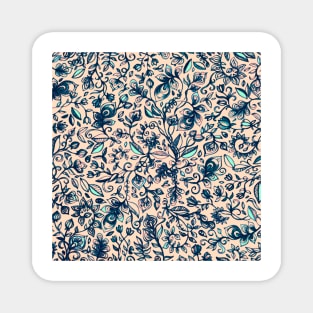 Teal Garden - floral doodle pattern in cream & navy blue Magnet