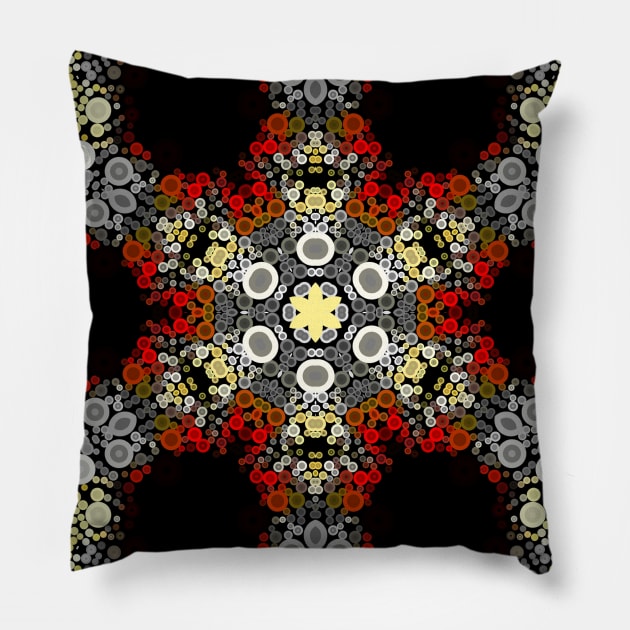 Dot Mandala Flower Red Yellow and Grey Pillow by WormholeOrbital