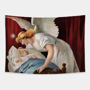 Protective guardian angel looking after a baby in a crib. Colorful vintage image. Tapestry