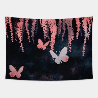 Wisteria and Butterflies Negative Painting Pink and Black Tapestry