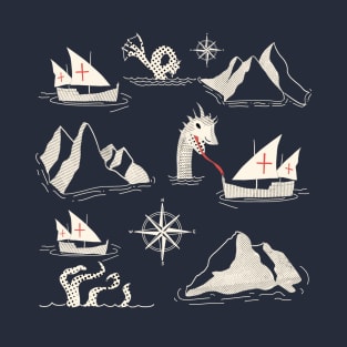 Medieval Nautical Sea Creatures Map Blue T-Shirt