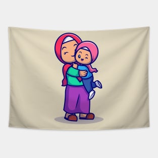 Cute Mother And Daughter Moslem Celebrating Eid Mubarak  Cartoon Tapestry